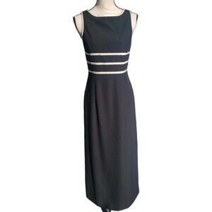 Papell Boutique Evening Gown Black/White Elegant Open Tie Back Bows Dress Sz 8P